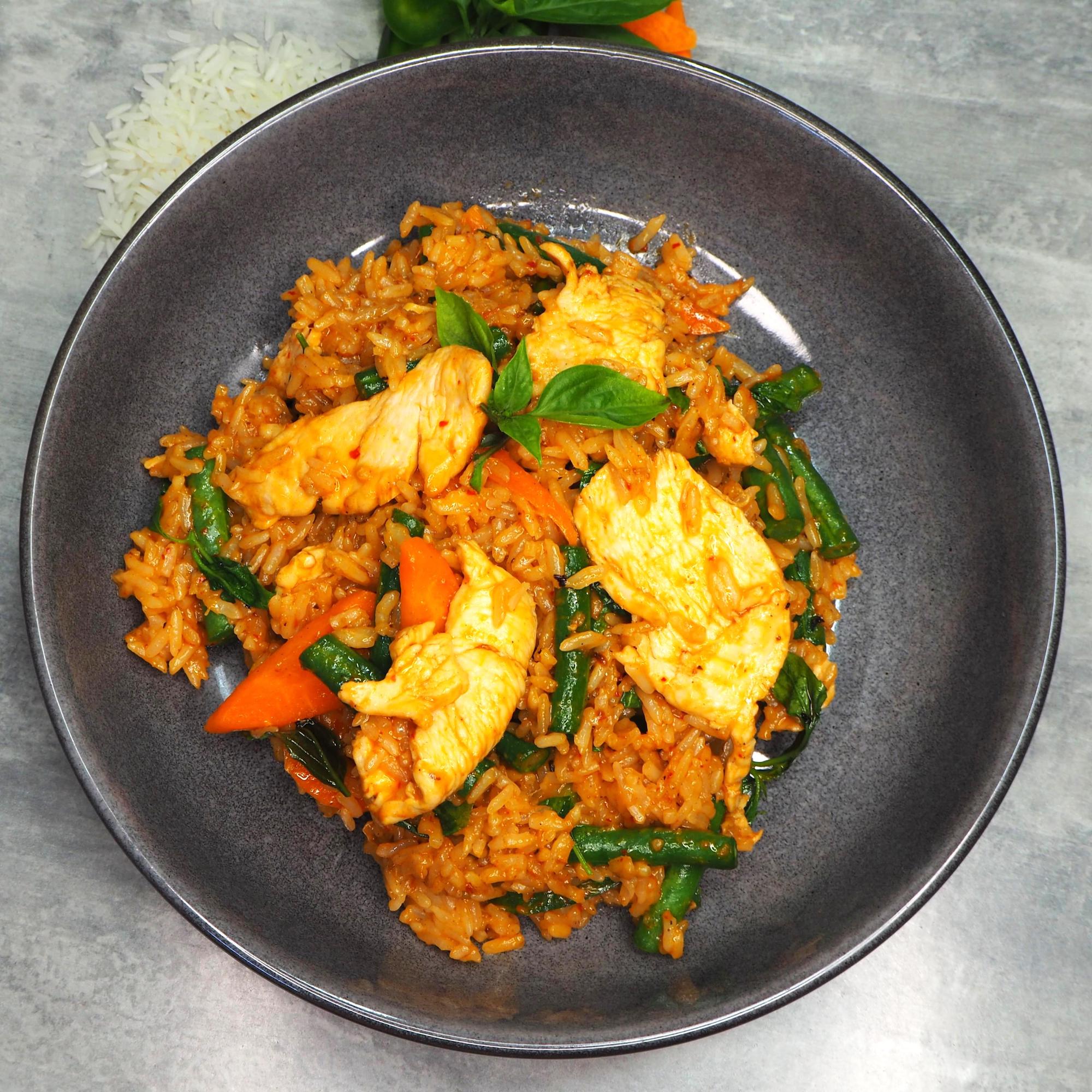 Red Curry Fried Rice with Chicken Breast. Mild spice